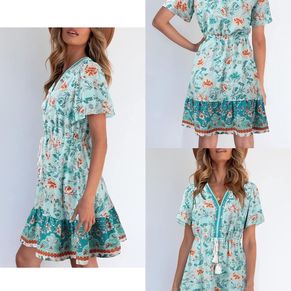 Women's Summer Boho Beach Mini Casual Short Sleeve Ruffle Bohemian Floral Dress - Picture 2 of 8